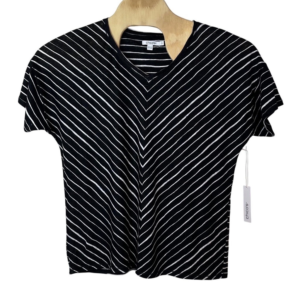 Chico's Stripe Easy Linen V-Neck Tee‎ Size 2 Large NWT Neutral Beach Casual